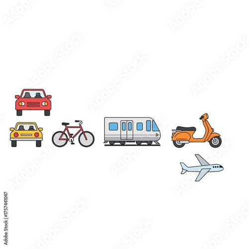 A collection of colorful cartoon transportation icons including cars, a bicycle, a train, a scooter, and an airplane.