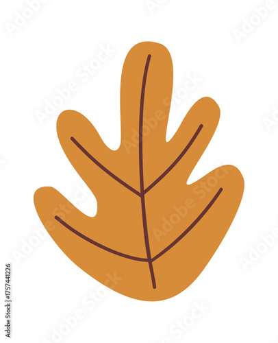 Minimalist vector of a stylized oak leaf in warm brown tones with five lobes and prominent veins, clean flat design, modern botanical illustration on transparent background