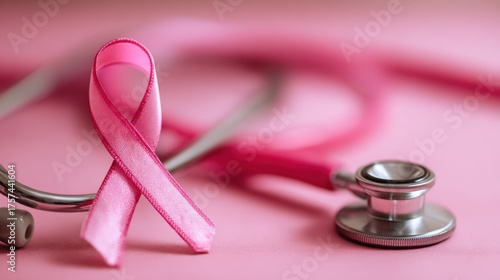 Pink Ribbon and Stethoscope: Breast Cancer Awareness Symbol on Pink Background