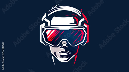 Figure wears VR goggles on dark backdrop, stylized vector rendering