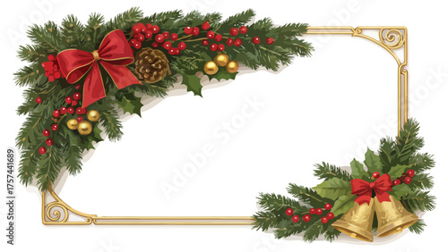 Christmas Corner Frame With Pine, Holly, Berries, Bows And Bells