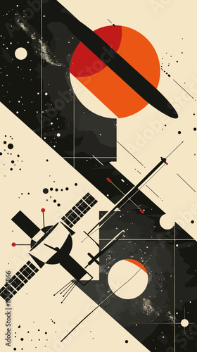 Abstract space scene with geometric shapes and a satellite in black, beige, and red