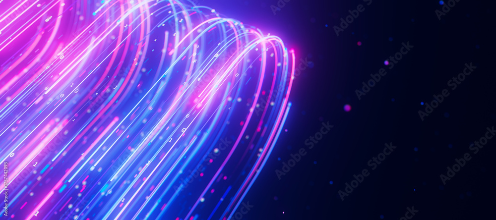 Obraz premium Bigdata light speed data flow turn closeup. Abstract digital data stream of quantum computing. Cyberspace of qubit trails. Modern tech information transmission.