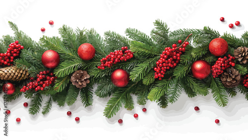 Christmas Garland with Red Ornaments Berries and Pinecones on White Background