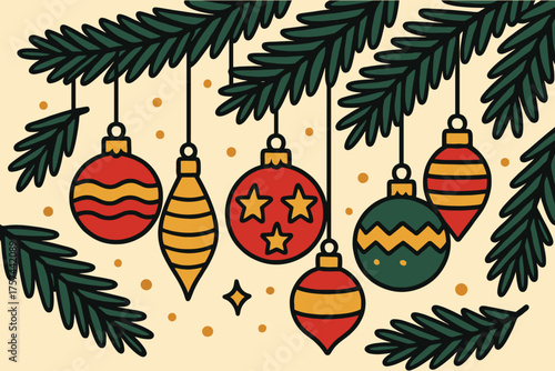 Festive christmas ornaments hanging from pine tree branches with twinkling lights