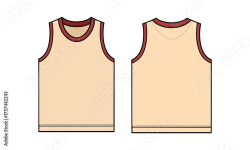 Tank Top Back View Vector illustration Mockup – Crew-Neck (Beige with Red Rib), easily editable।