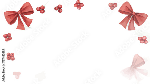 Red bows and red berries scattered on a white background