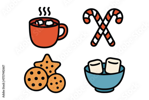 Cozy winter treats collection featuring hot chocolate cookies candy canes and marshmallows