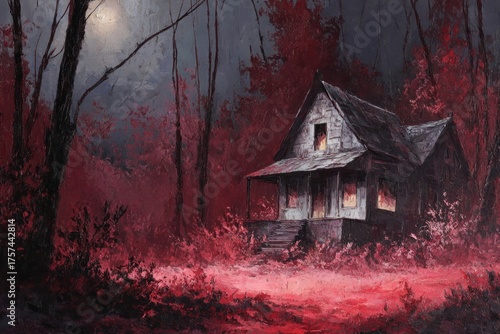 Horror halloween haunted house in creepy night forest art outdoors painting