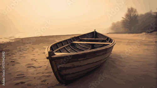 Old wooden rowboat resting on a sandy shore in foggy weather
