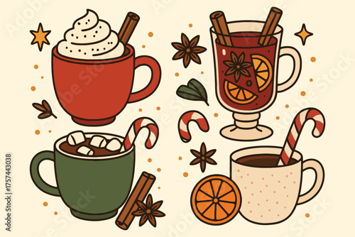 Cozy winter drinks collection featuring hot chocolate mulled wine and festive garnishes