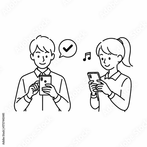 Line Art Man and Woman Using Smartphones with Notifications (Approval and Music)