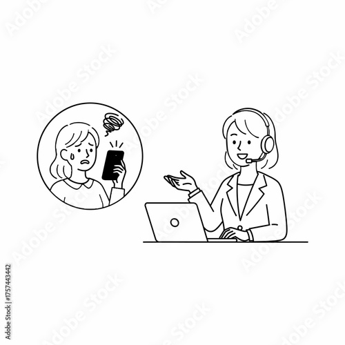 Customer Service Support Agent Helping a Distressed Client Line Art