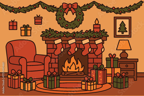 Cozy christmas fireplace scene with gifts and decorations
