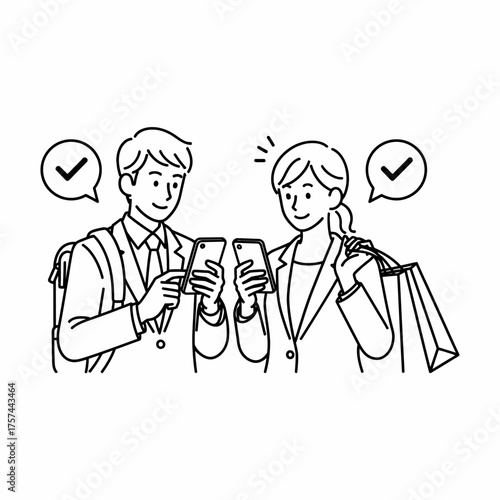 Business People Confirming Transaction or Task on Smartphone Line Art
