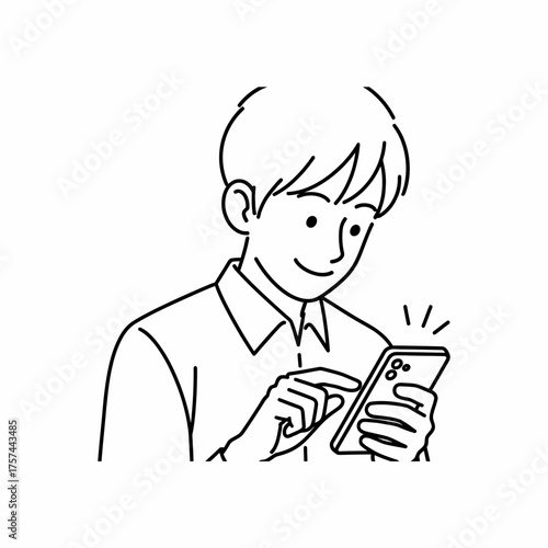 Young Man Happily Using Smartphone Line Art Illustration