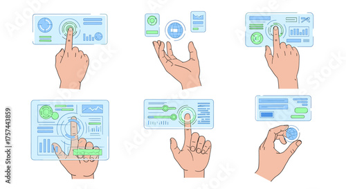 Hand interacting with data dashboards and user interfaces