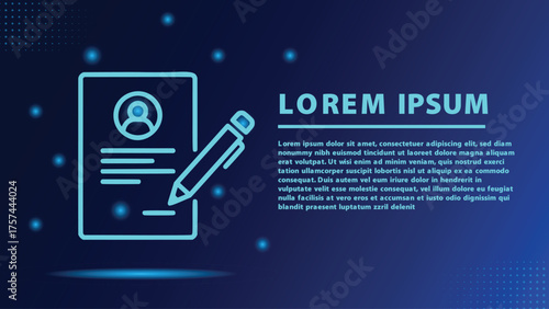 Document with person icon and a pencil. Contract signing with placeholder text