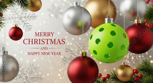 Decorations showcase a bright green pickleball ornament amidst traditional Christmas balls. The scene evokes holiday cheer, wishing everyone a Merry Christmas and Happy New Year