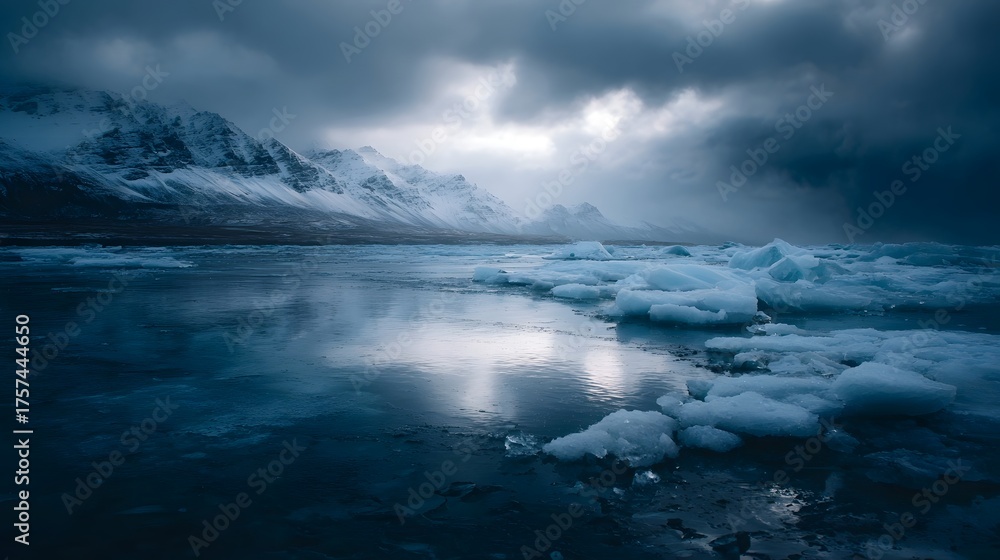 Obraz premium Dramatic winter scene of an arctic landscape with snow capped mountains and icebergs floating in the cold reflective sea under a cloudy sky