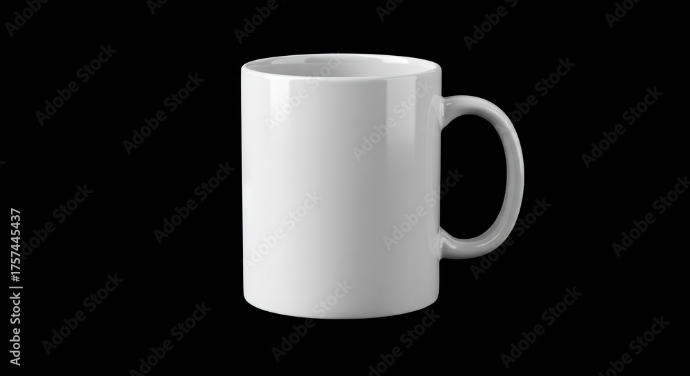 Fototapeta premium A white ceramic coffee mug stands centered against a black backdrop