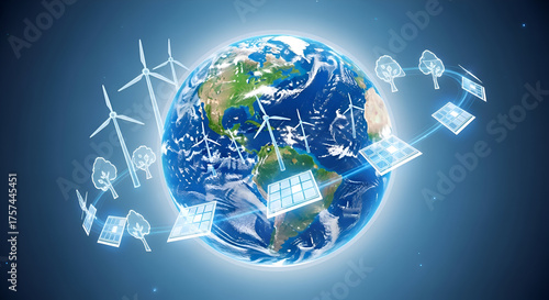 Earth with renewable energy sources like wind turbines and solar panels for a sustainable future