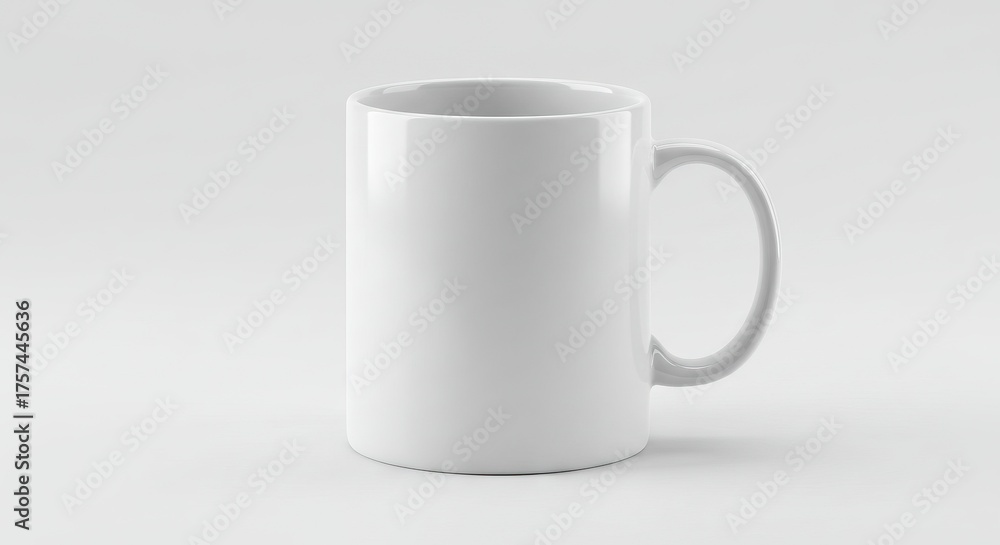 Obraz premium A white ceramic mug stands on a light gray surface handle to the right with soft lighting