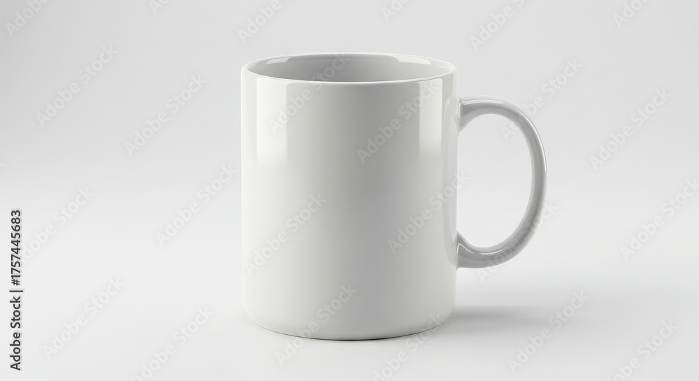 Fototapeta premium A white ceramic mug stands on a white surface in a studiolit setting