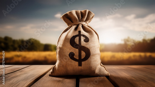 Money Bag on Wood Table Financial Success and Abundance Concept