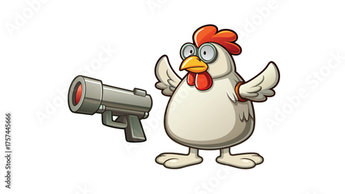 Chicken with weapon: A humorous illustration featuring a chicken character standing confidently beside a sleek weapon, this image is perfect for various creative projects.
