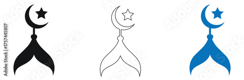 Elegant crescent moon and star icons in black, outline, and blue offer versatile religious symbol options for modern design projects and cultural celebrations