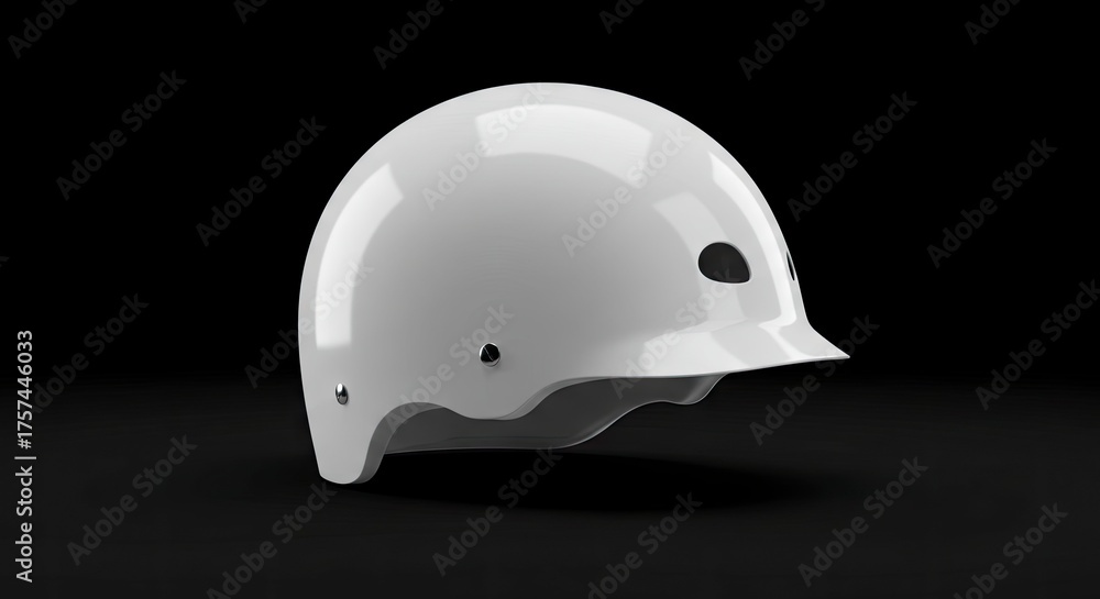 Fototapeta premium A white skateboard helmet sits on a black surface against a black background