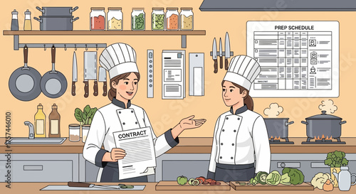 Culinary collaboration: Restaurant chefs negotiate contract in busy kitchen environment