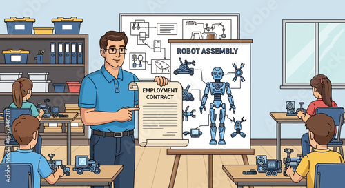 Interactive robotic engineering class with employment contracts and robot assembly