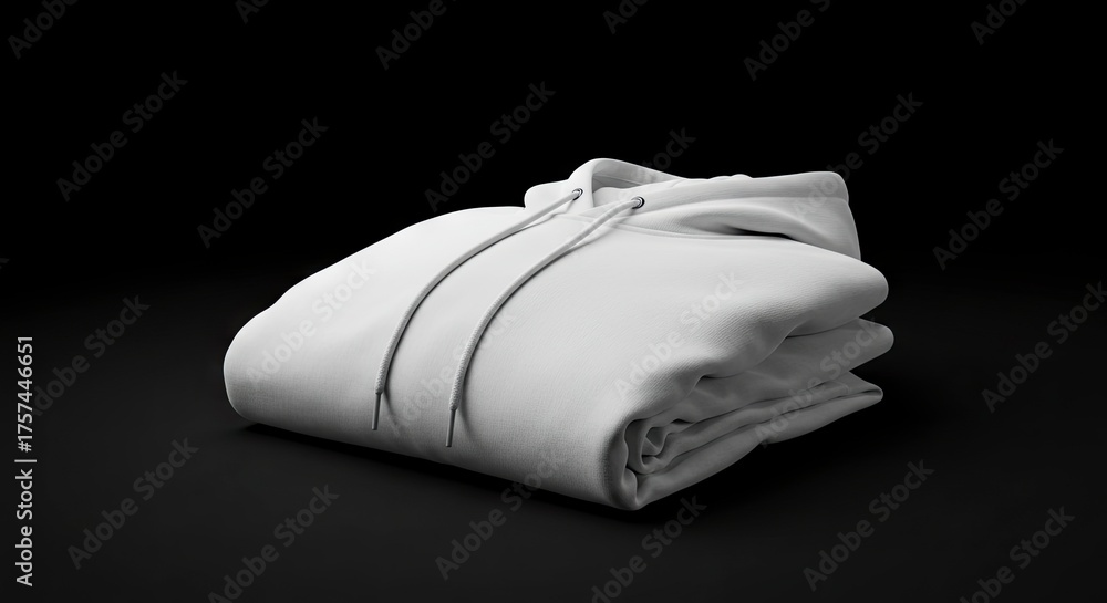Obraz premium Folded white hoodie with drawstrings on a black background