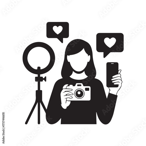 Vector art of woman holding a camera and phone, with a ring light and social media likes