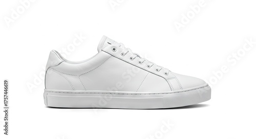 A white leather sneaker with laces is set against a stark white backdrop