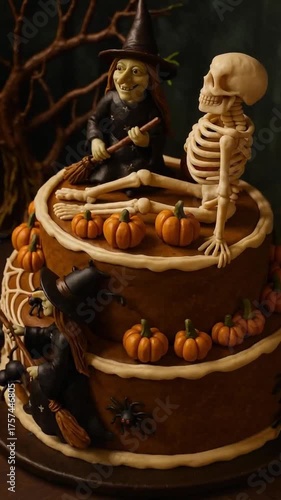 Creative Halloween cake decorated with skeletons, witch figurines, and spooky details, showing detailed icing and creepy design. Perfect for Halloween party, bakery promo, or holiday food content.