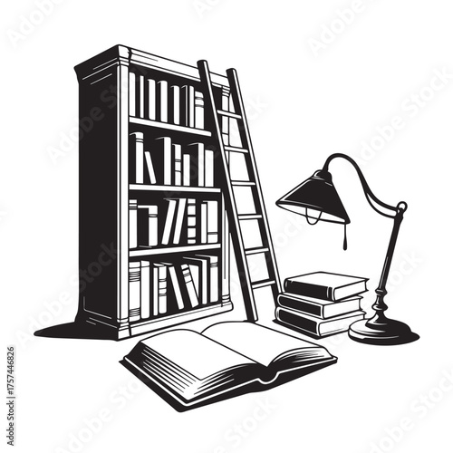 Illustration of a bookshelf with a ladder, open book, and lamp