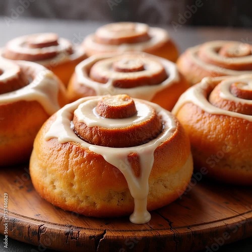 Delicious freshly baked cinnamon rolls with frosting, shot in 1:1 format. The camera smoothly rotates around the warm buns, showing their golden texture and melted icing. 