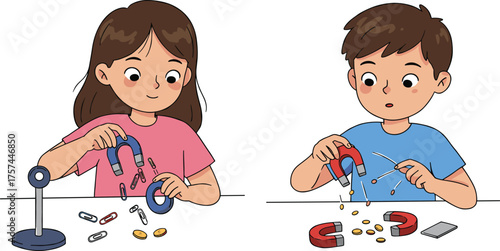 Children using magnets, science experiment, hands-on learning, magnetic objects, coins, paper clips, physical science, classroom activity, discovery, education, fun