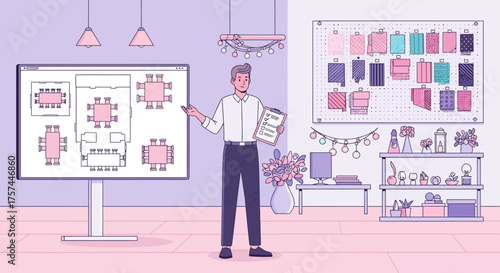 Event planner presenting seating arrangements and fabric choices for the venue decor