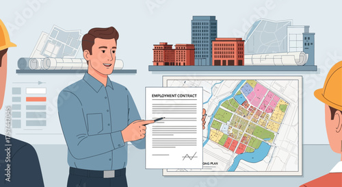 Real estate employment agreement vector illustration showcases urban planning discussions