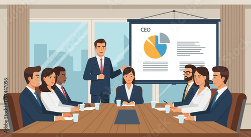 Corporate presentation delivered by CEO to boardroom attendees, business meeting