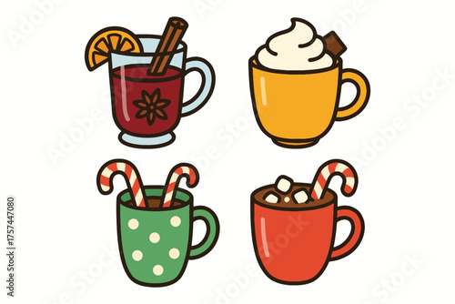Four festive holiday drinks in mugs with winter decorations and garnishes