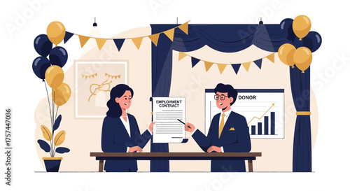 Employment contract signing ceremony with celebratory elements and positive outlook