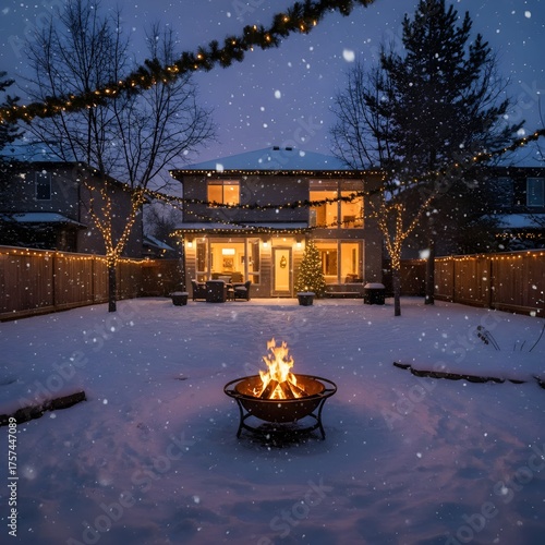 Serene Snowy Backyard with Firelight and Holiday Glow