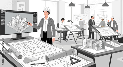 Architectural design team collaborate on a building project in a modern office setting