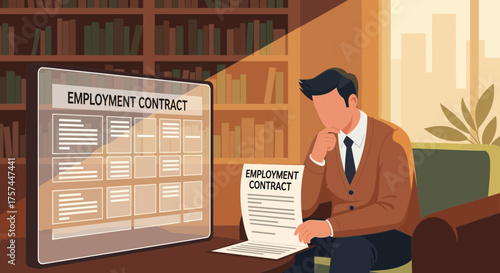 Conceptual Illustration of Person Reviewing Employment Contract in Home Office Setting