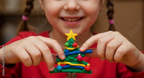 Joyful child creating clay christmas tree craft for holiday fun